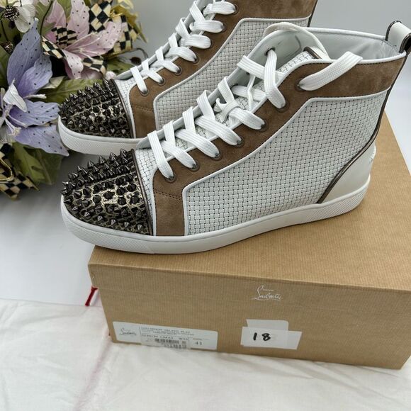 Christian Louboutin White and Brown Spiked High-Tops - Picture 4 of 13